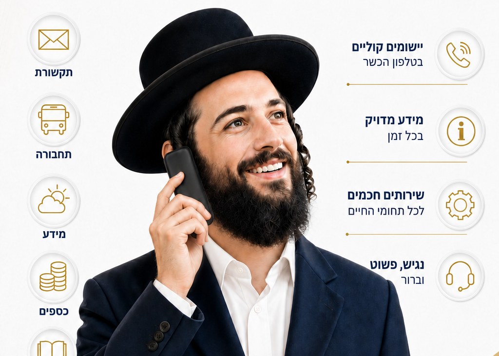 איש מחייך מדבר בטלפון, ומסביבו סמלי השירותים של אייקול